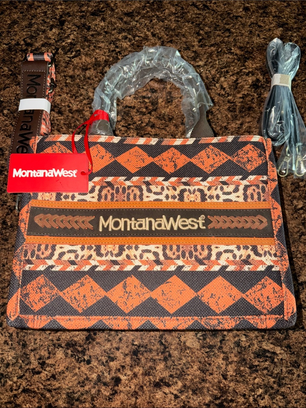 Montana West Orange & Black Patterned Satchel with Leopard Accents